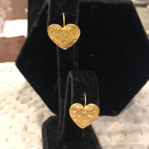 Matte Gold with Cubic Zirconia Hearts French Wire Earrings-Boutique